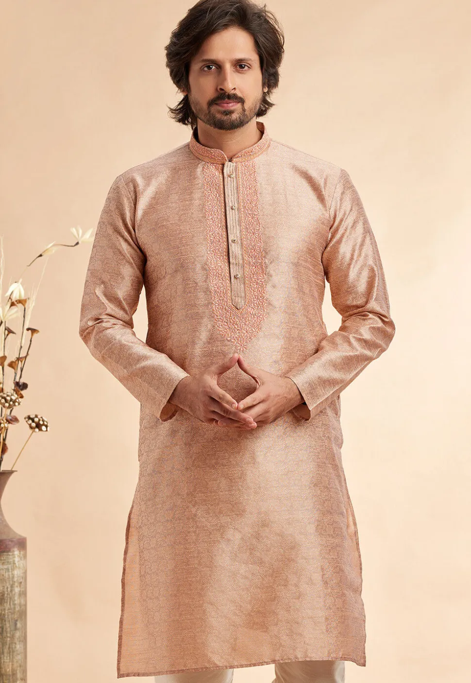 Woven Art Silk Jacquard Kurta in Peach