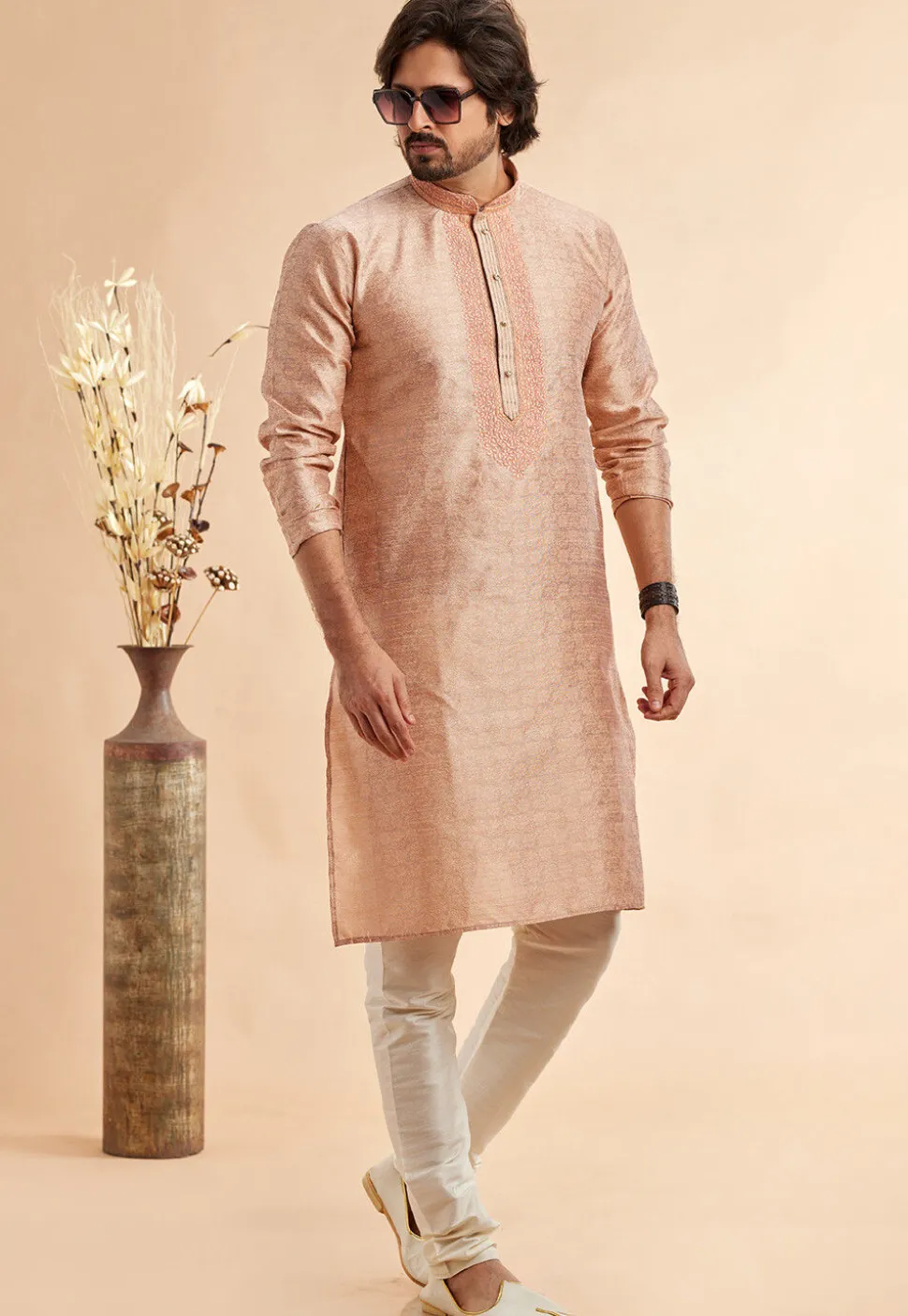Woven Art Silk Jacquard Kurta in Peach