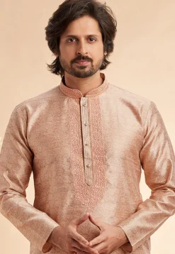 Woven Art Silk Jacquard Kurta in Peach