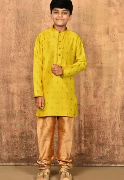 Woven Art Silk Jacquard Kurta Set in Yellow