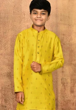 Woven Art Silk Jacquard Kurta Set in Yellow