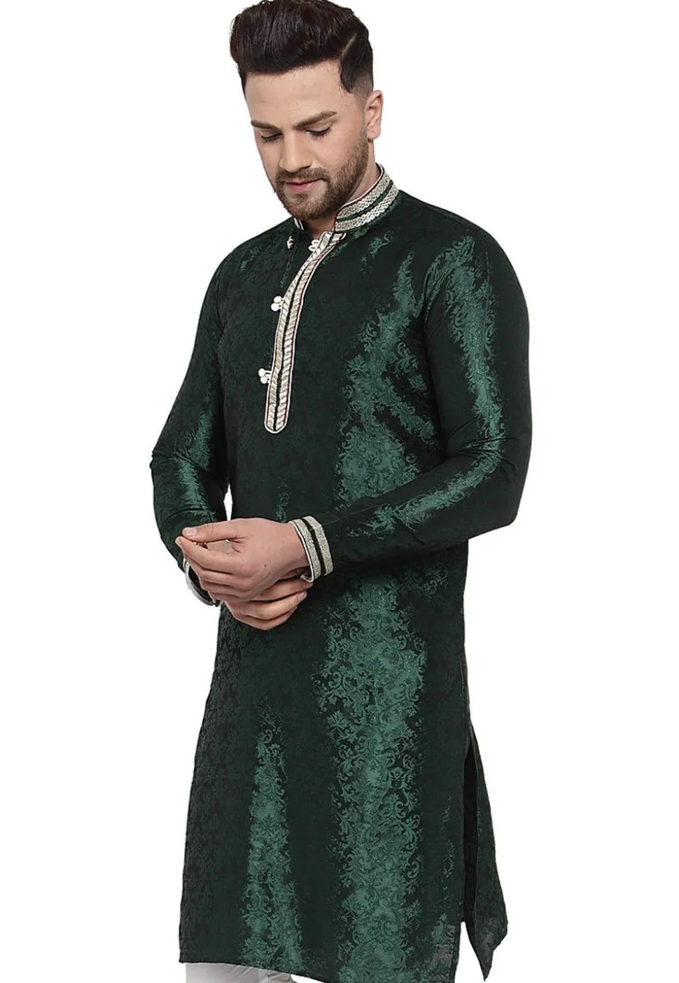 Woven Art Silk Jacquard Kurta in Dark Green