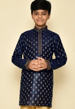 Woven Art Silk Jacquard Kurta in Navy Blue