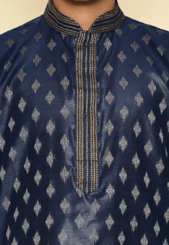 Woven Art Silk Jacquard Kurta in Navy Blue