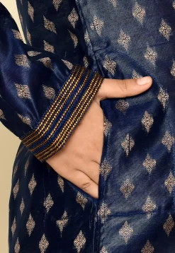 Woven Art Silk Jacquard Kurta in Navy Blue