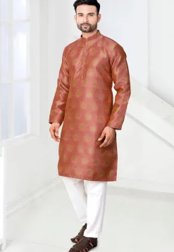Woven Art Silk Jacquard Kurta Set in Peach