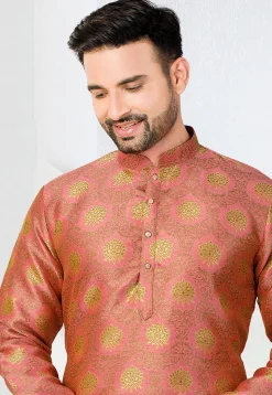 Woven Art Silk Jacquard Kurta Set in Peach
