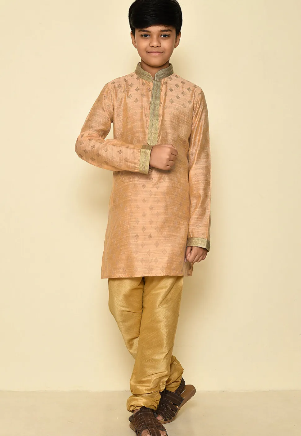 Woven Art Silk Jacquard Kurta Set in Light Peach