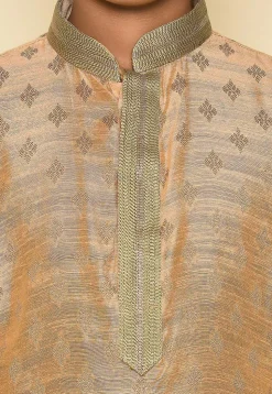 Woven Art Silk Jacquard Kurta Set in Light Peach
