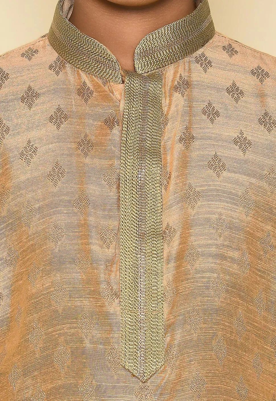 Woven Art Silk Jacquard Kurta Set in Light Peach
