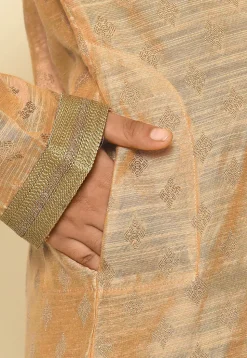 Woven Art Silk Jacquard Kurta Set in Light Peach