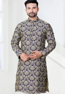 Woven Art Silk Jacquard Kurta in Navy Blue