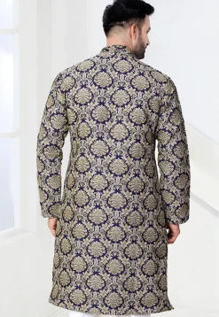 Woven Art Silk Jacquard Kurta in Navy Blue