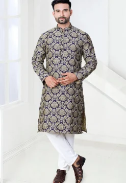Woven Art Silk Jacquard Kurta in Navy Blue