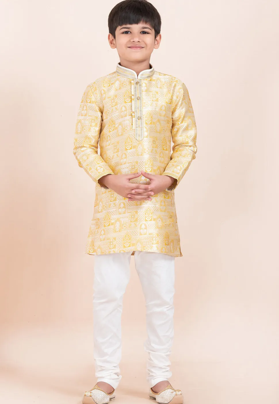Woven Art Silk Jacquard Kurta Set in Yellow