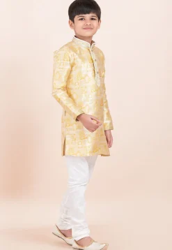 Woven Art Silk Jacquard Kurta Set in Yellow