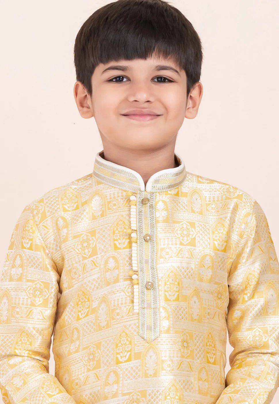 Woven Art Silk Jacquard Kurta Set in Yellow
