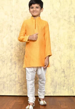 Woven Art Silk Jacquard Kurta Set in Mustard