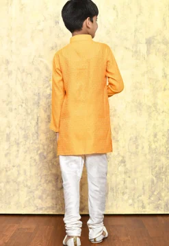 Woven Art Silk Jacquard Kurta Set in Mustard