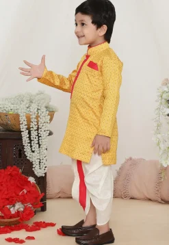 Woven Art Silk Jacquard Kurta Set in Yellow