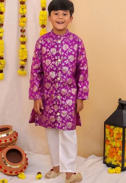 Woven Art Silk Jacquard Kurta Set in Purple