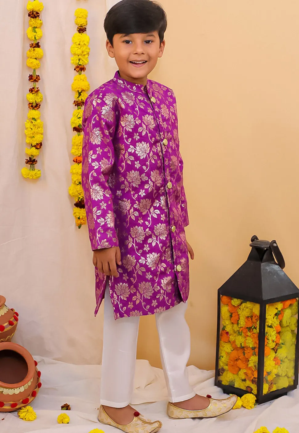 Woven Art Silk Jacquard Kurta Set in Purple