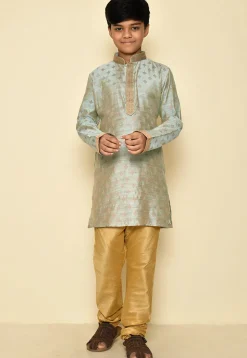 Woven Art Silk Jacquard Kurta Set in Grey