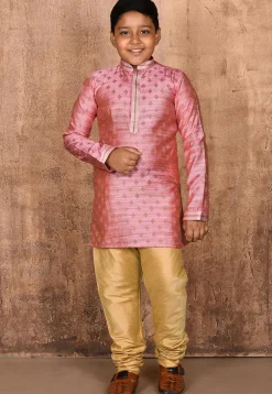 Woven Art Silk Jacquard Kurta Set in Pink