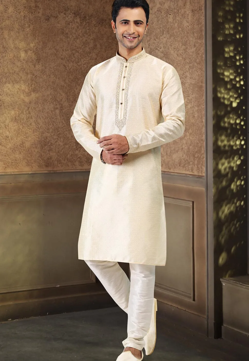 Woven Art Silk Jacquard Kurta Set in Cream