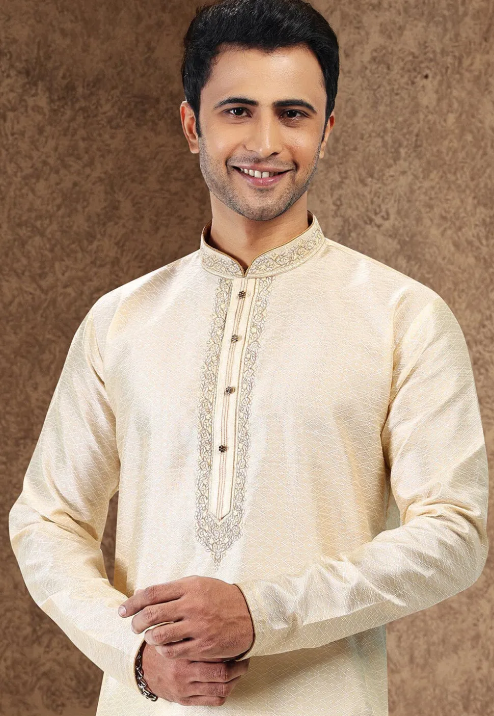 Woven Art Silk Jacquard Kurta Set in Cream