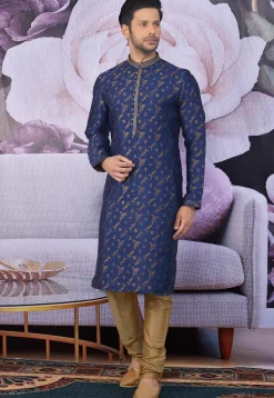 Woven Art Silk Jacquard Kurta Set in Navy Blue