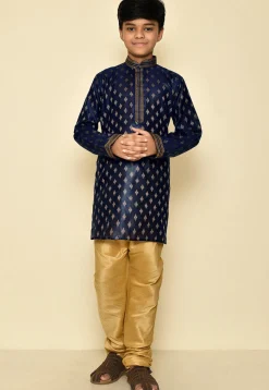 Woven Art Silk Jacquard Kurta Set in Navy Blue