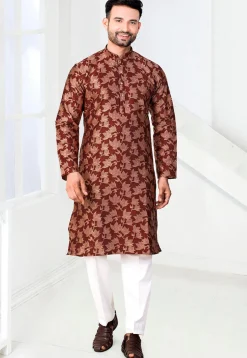 Woven Art Silk Jacquard Kurta Set in Maroon