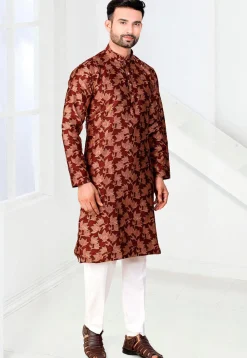Woven Art Silk Jacquard Kurta Set in Maroon