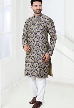 Woven Art Silk Jacquard Kurta Set in Navy Blue