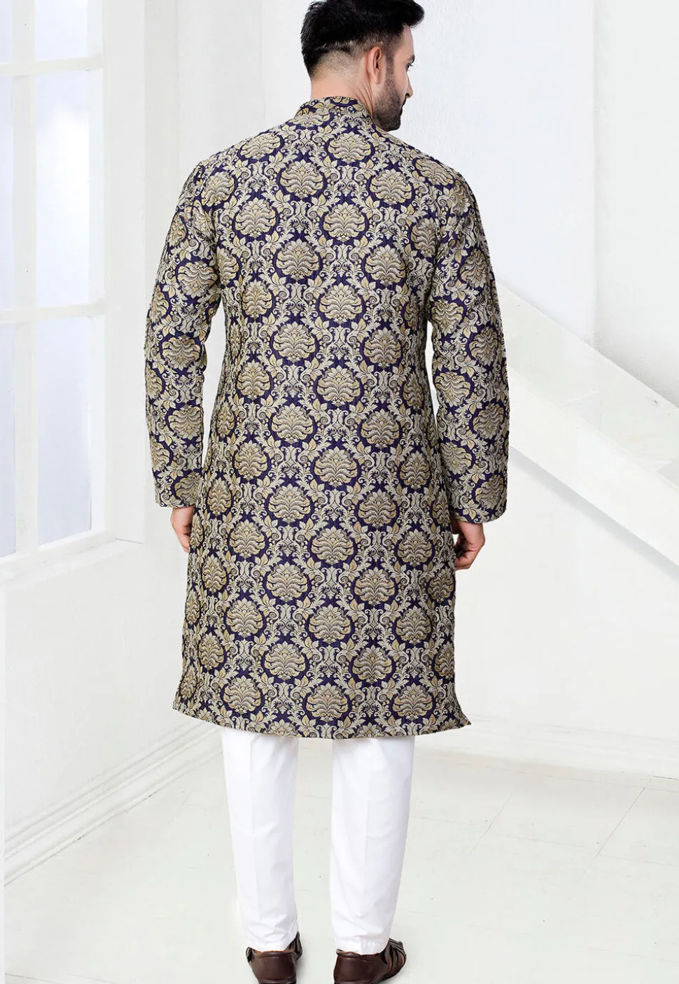 Woven Art Silk Jacquard Kurta Set in Navy Blue