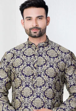 Woven Art Silk Jacquard Kurta Set in Navy Blue
