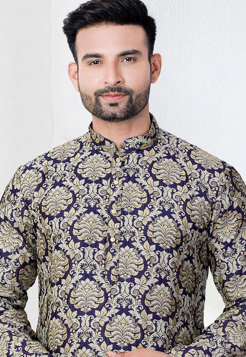 Woven Art Silk Jacquard Kurta Set in Navy Blue