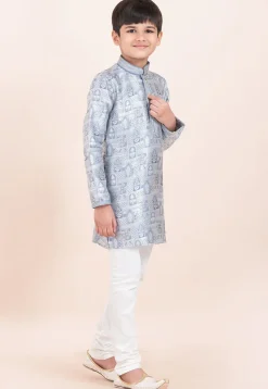 Woven Art Silk Jacquard Kurta Set in Light Grey