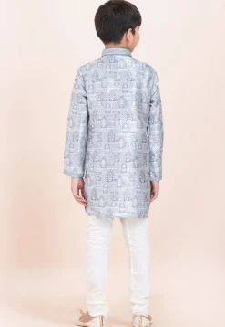 Woven Art Silk Jacquard Kurta Set in Light Grey