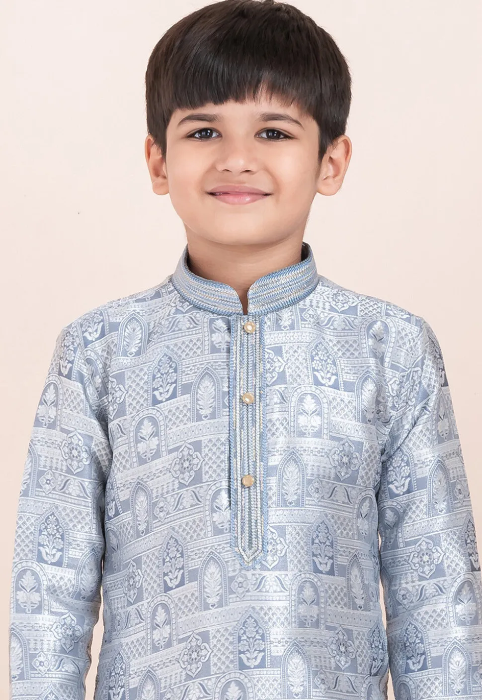 Woven Art Silk Jacquard Kurta Set in Light Grey