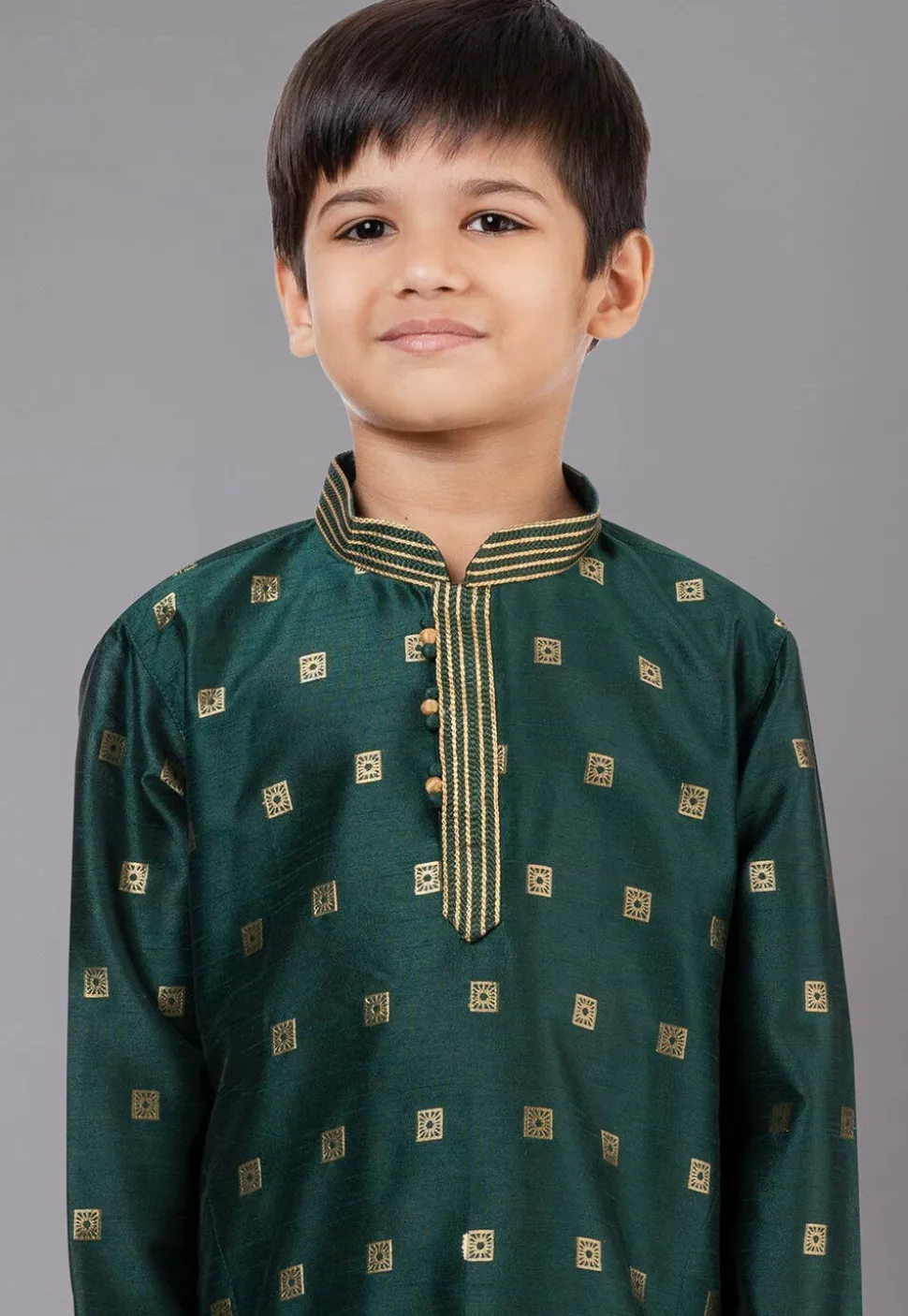 Woven Art Silk Jacquard Kurta Set in Dark Green