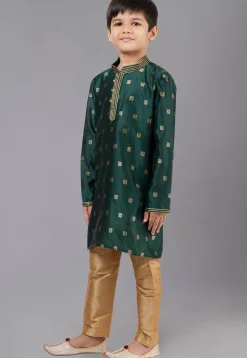 Woven Art Silk Jacquard Kurta Set in Dark Green