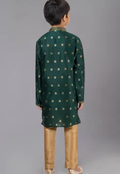 Woven Art Silk Jacquard Kurta Set in Dark Green