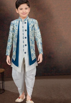 Woven Art Silk Jacquard Layered Sherwani in Off White and Blue