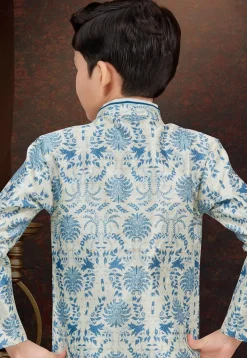 Woven Art Silk Jacquard Layered Sherwani in Off White and Blue
