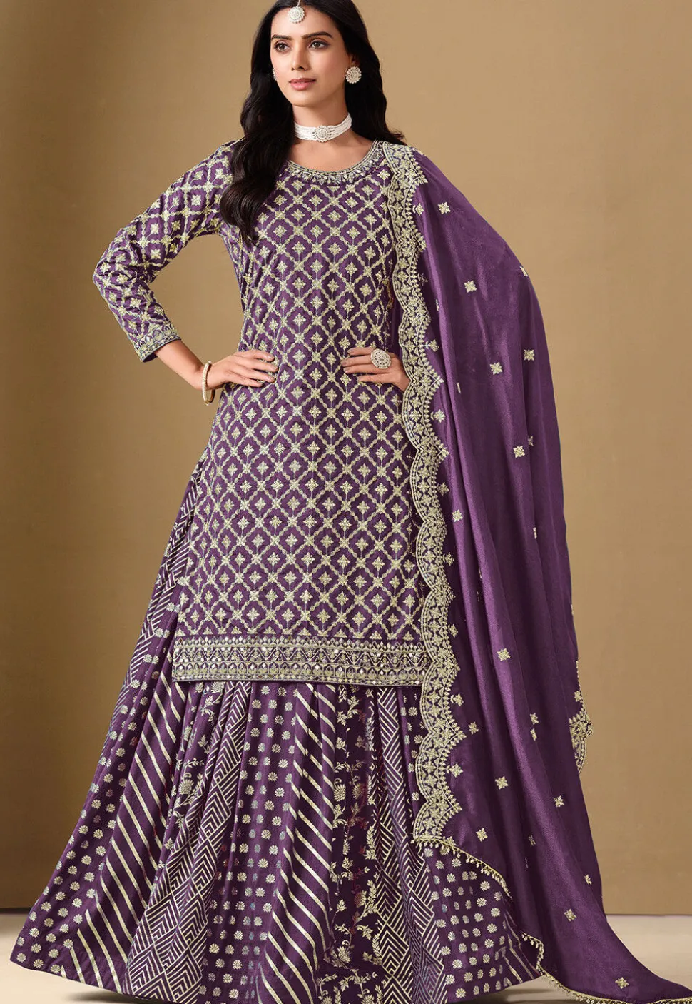 Woven Art Silk Jacquard Lehenga in Purple