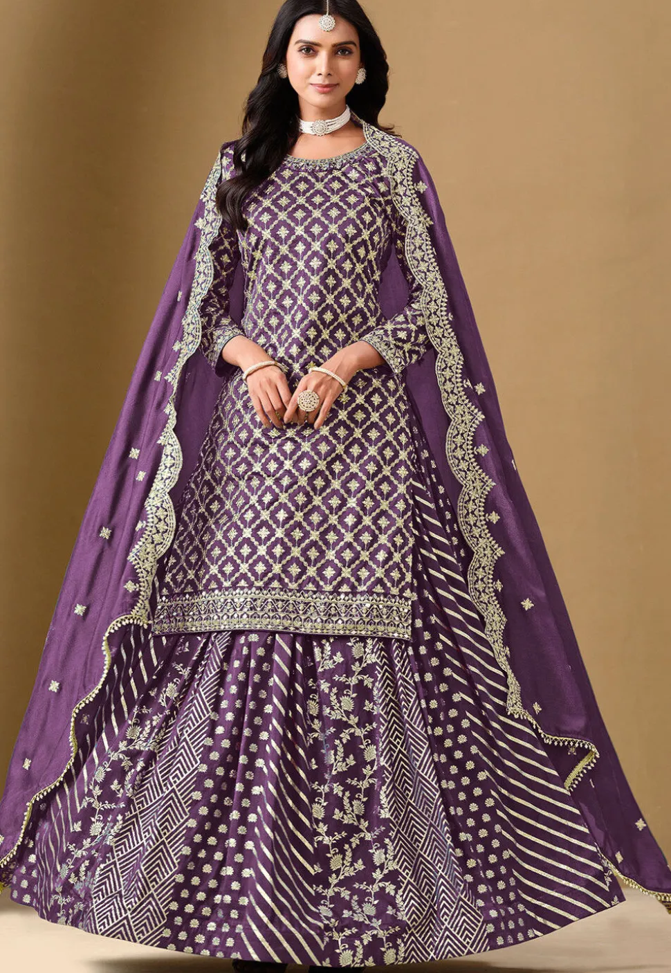 Woven Art Silk Jacquard Lehenga in Purple