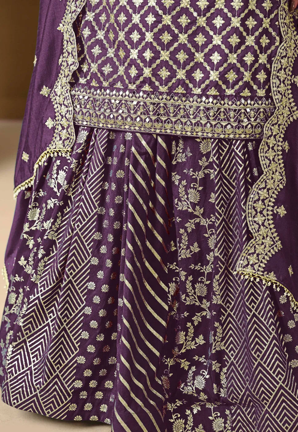 Woven Art Silk Jacquard Lehenga in Purple