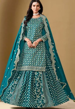 Woven Art Silk Jacquard Lehenga in Teal Blue